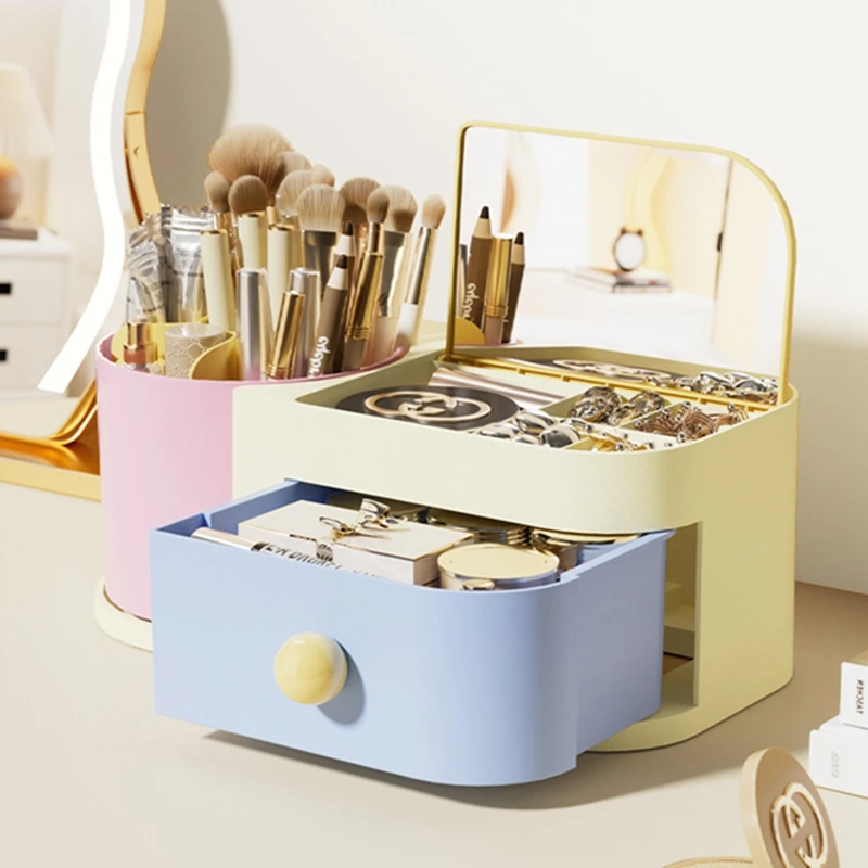 360 Rotating Makeup Storage Box With Mirror Desktop Dressing Table Makeup Mirror Cosmetics Jewelry Storage Box Storage Organizer