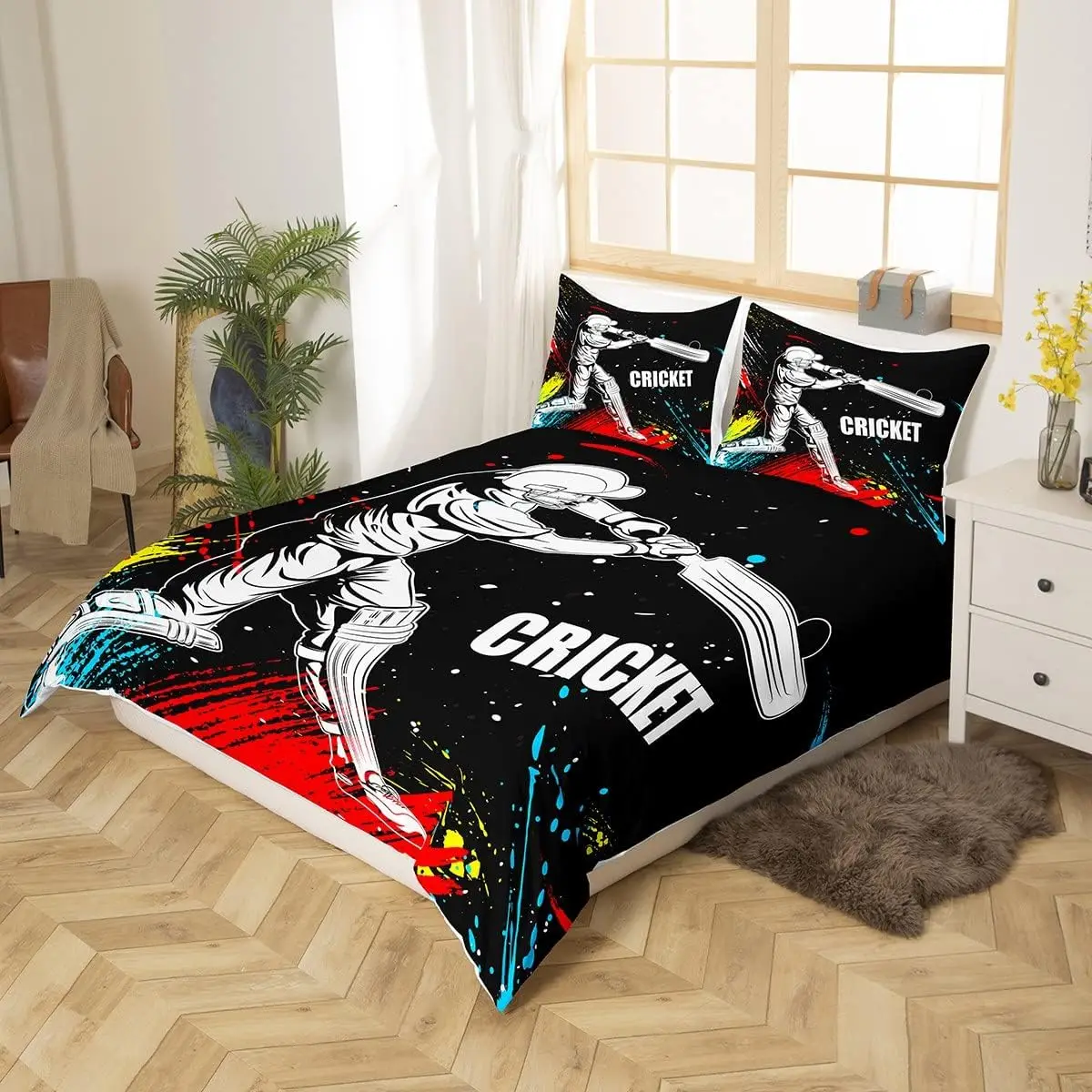 Cricket Player Bedding Set  Girls Boys Children Sports Theme Comforter Cover Decorative Cricket Ball Game Duvet Cover