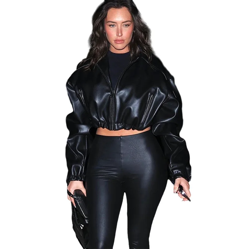 Europese Amerikaanse stijl herfst dameskleding mode lange mouwen rits korte navel slanke leren jas met capuchon imitatie