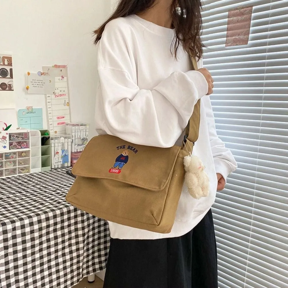 

Ins Canvas Embroidery Bear Shoulder Bag Cute Large Capacity Cartoon Tote Bag Japanese Style Crossbody Bag Student