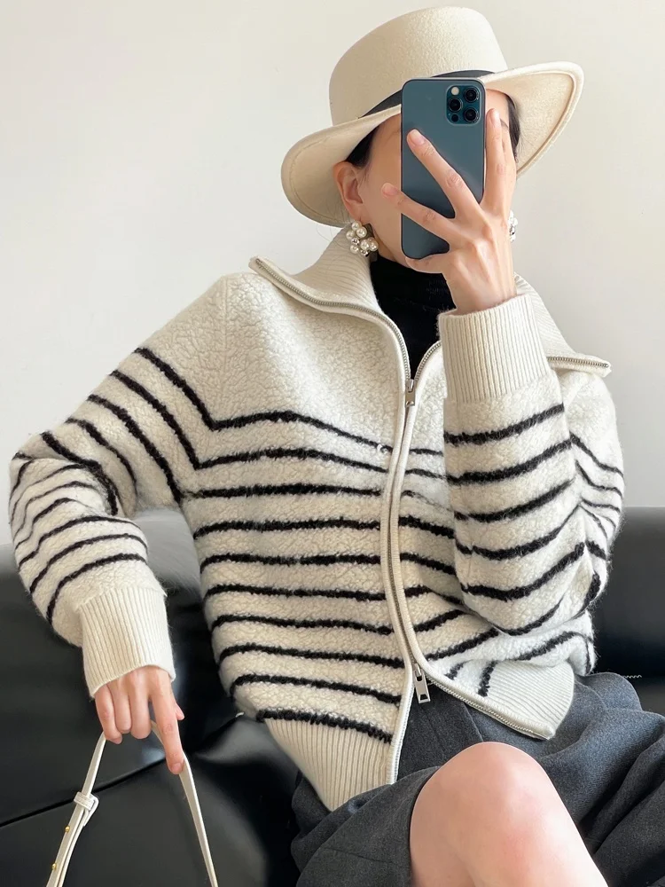 

Thiened Double Zipper Collar Circle Yarn Woolen Sweater Autumn Winter Striped Open Cardigan Warm Outerwear Women's Knitwear