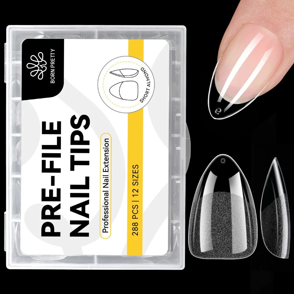 

288 Pcs Acrylic Short Almond Nail Tips Clear Matte Half Matte False Nails Full Cover Pre-shape Clear Nails Tips Professional Use