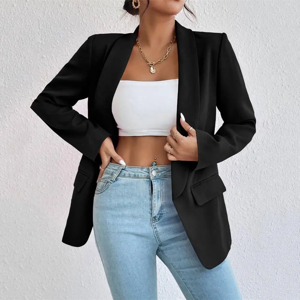 Women Suit Coat Spring Autumn Solid Color Business Suit Coat Lapel Long Sleeve Flap Pockets Open Front OL Elegance Suit Jacket