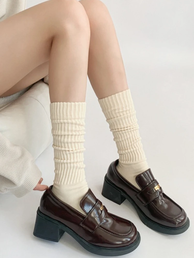 

Spring and Autumn Y2k Knitted Solid Color Casual Stacked Socks Female Ins Trendy Simple Style Versatile Cotton Middle Tube Socks