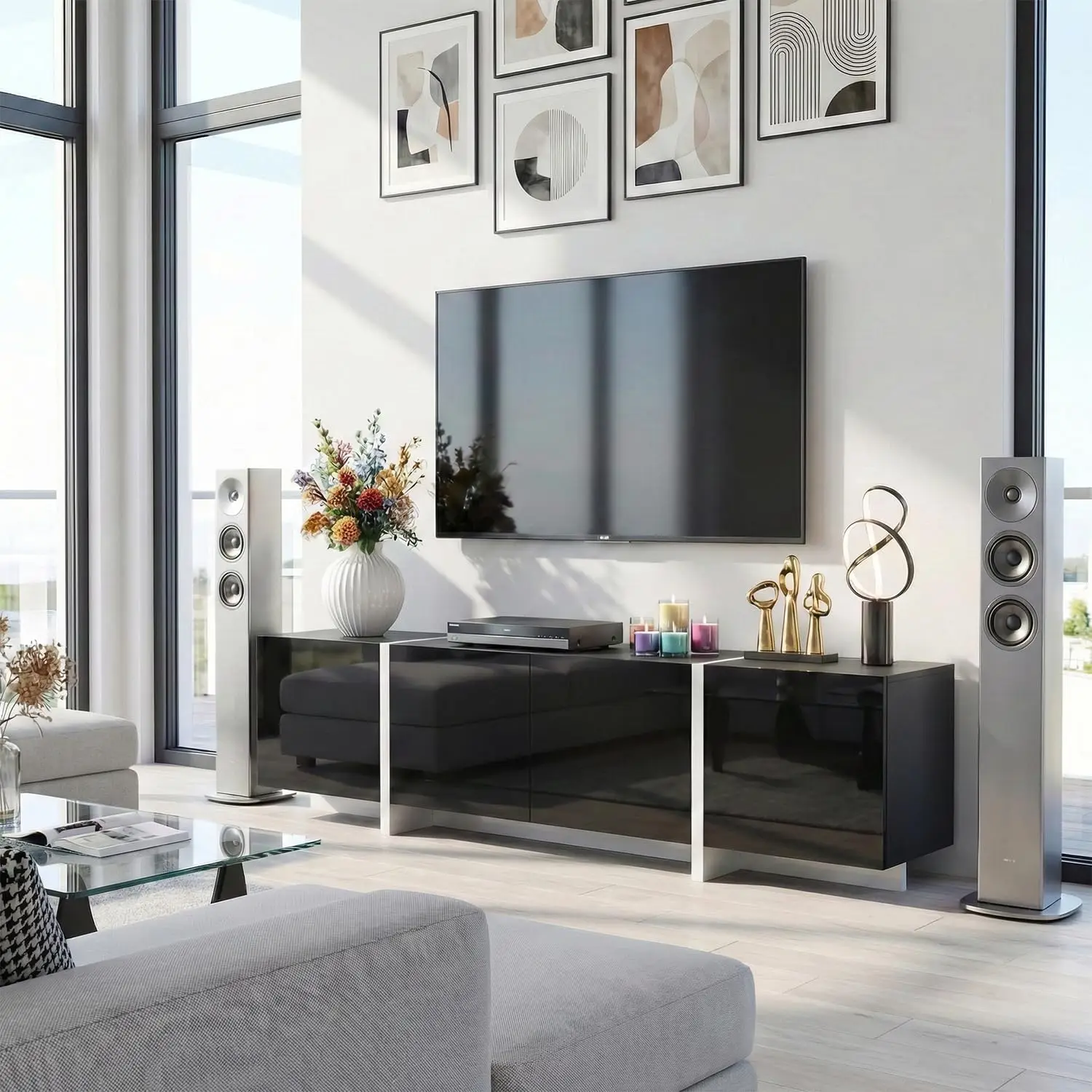 67" Modern Black TV Stand up to 70 Inch TV, Media Console with High Gloss Doors & Scratch-Resistant Matte Top