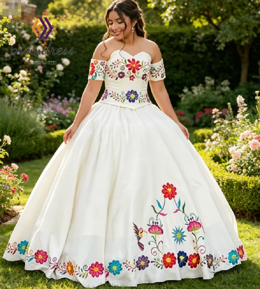 Traditional Mexican Wedding Dress Embroidered Off Shoulder Ball Gown Colorful Floral Bridal Gowns 2026 Gothic Cinco de Mayo
