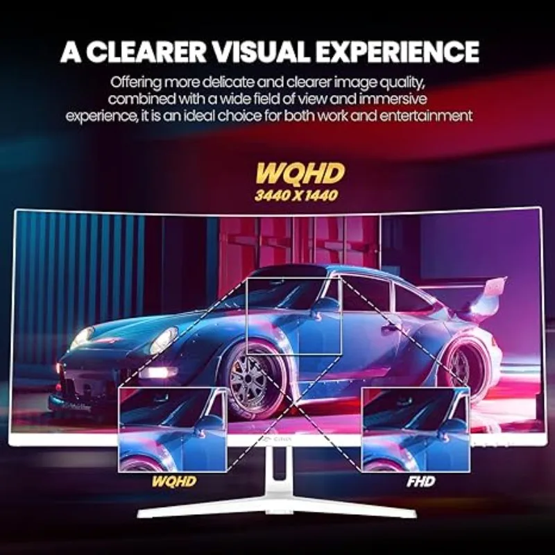 شاشة ألعاب بيضاء مقاس 34 بوصة 165 هرتز/144 هرتز 21:9 1500R شاشة منحنية واسعة للغاية، PIP/PBP، HDMI2.0 وDP1.4، حامل جداري وإمالة قابل للتعديل