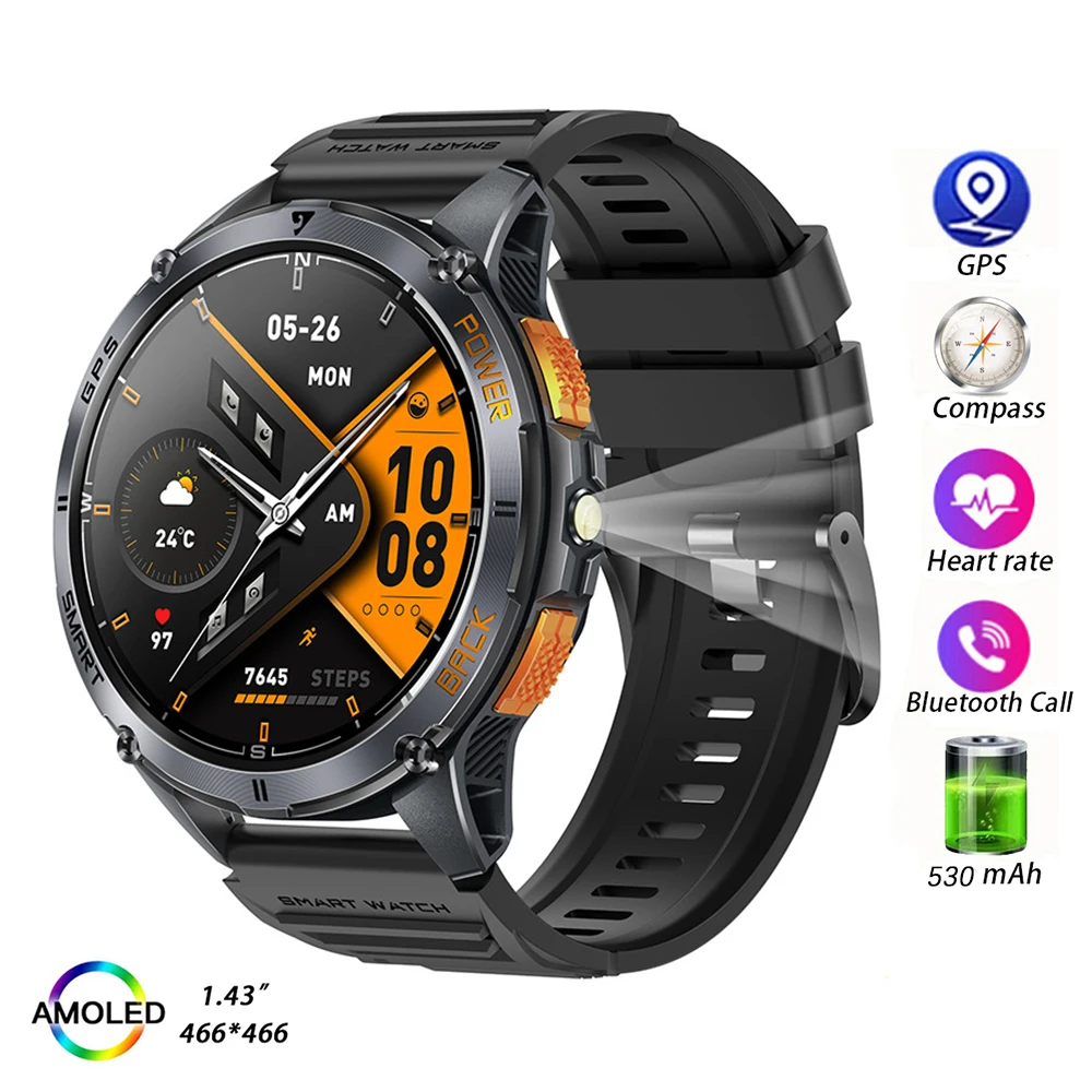 

K67A Smart Watch Men 1.43" GPS Outdoor Sports Electronic Wrist Watches Compass Flashlight Smartwatch Fitness Bracelet Wristwatch