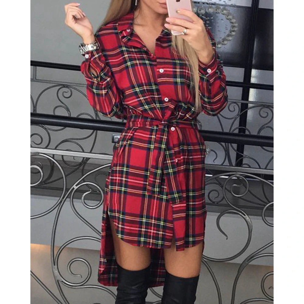 

Elegant Women Plaid Print Asymetrical Midi Shirt Dress With Belt Long Sleeve Turn-down Collar Casual Dress Christmas Outfits