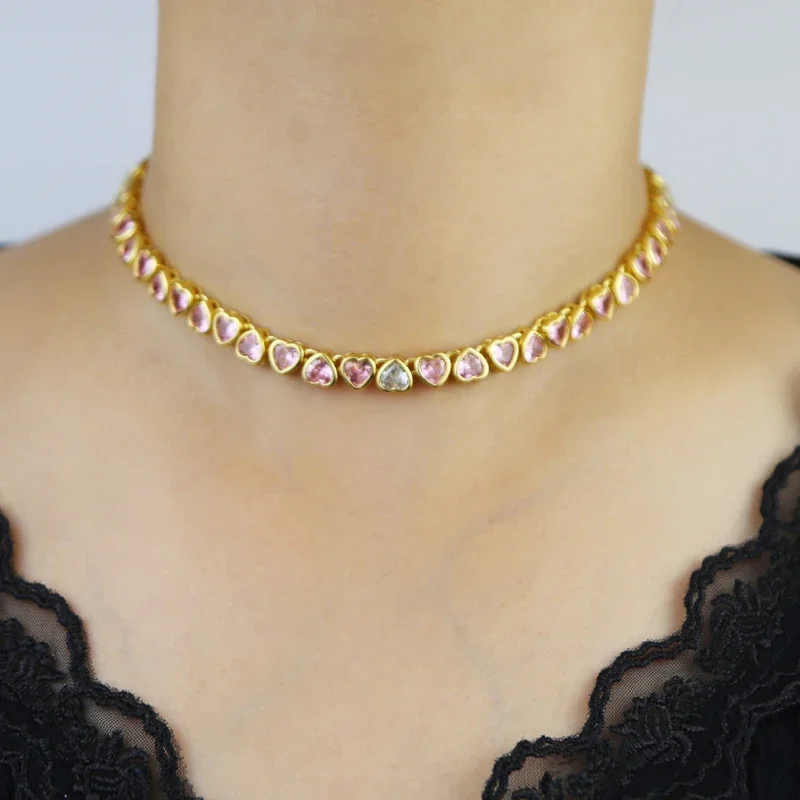 Valentine's Day Gift Heart Design Bling Cz Fashion Jewelry Gold Color Ice Out Green Pink White Heart Cz Tennis Choker Necklaces image 5