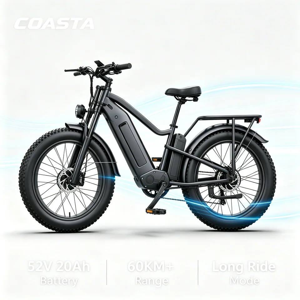 COASTA CT6  Dark Gray Frame 20Inch Fat Tire Electric Bike Dual Motor Full Suspension E Bicycle 3000W Peak 60V Removable Battery Hydraulic Disc Brake Shimano 7‑Speed LCD Display LED Headlight Max Load 150KG For Snow Beach Mountain Off‑Road Riding