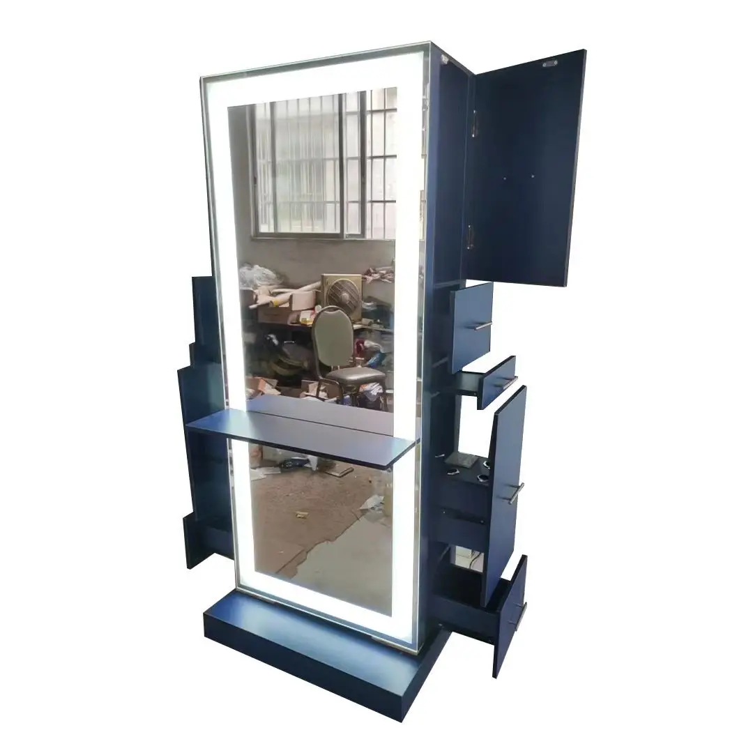 

Beauty Hair Double Sided Barber Station Modern Light Emitting Diode Wooden Multifunctional Storage Salon with Cabinet Mirror
