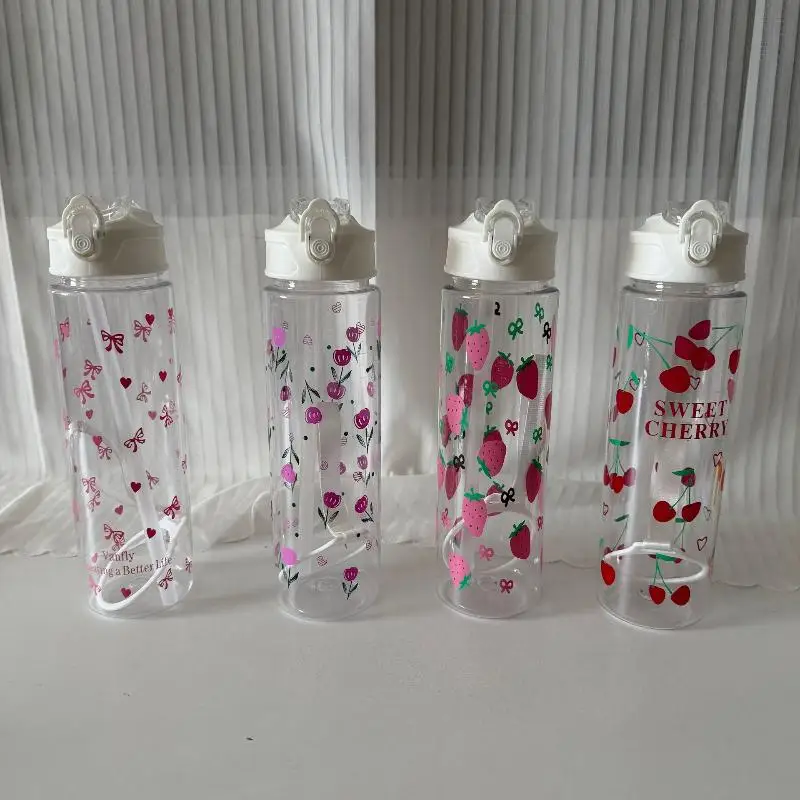 750ML White Water Bottle Full Printed Cartoon Strawberry Bow Pattern Fade Resistant for School Students Daily Use