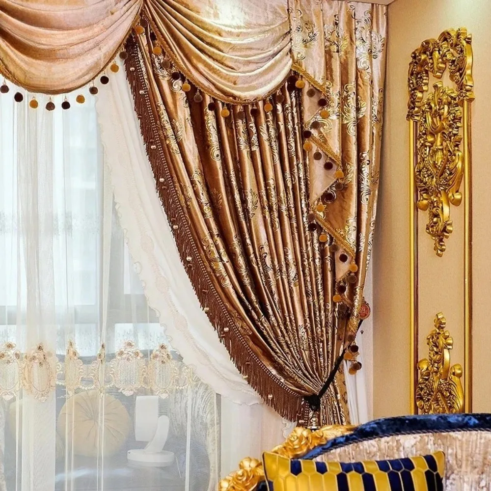 Luxury French Velvet Blackout Curtains for Living Dining Room Bedroom European Embroidered Tulle Custom Drapes