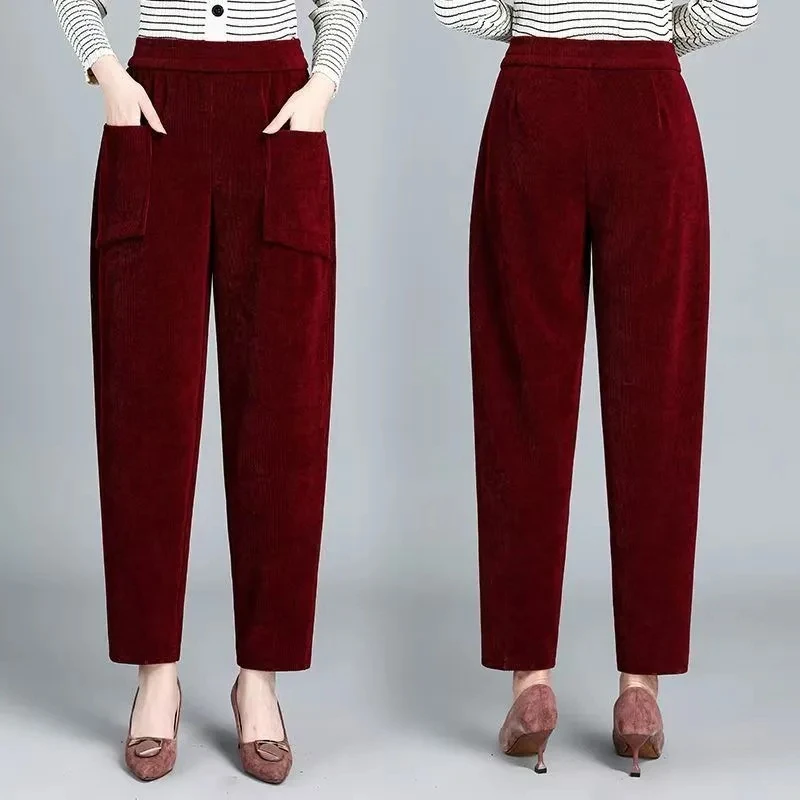 Spodnie sztruksowe z podszewką, proste nogawki, wysoki stan, styl koreański, do pracy, modne, zimowe, codzienne spodnie dla mamy.