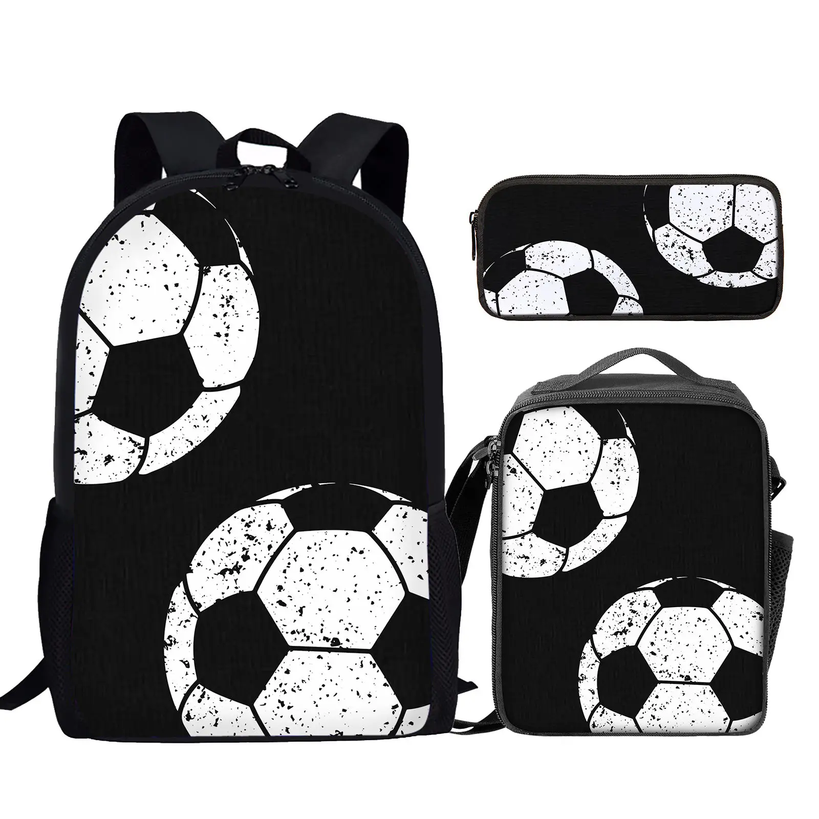 Trendy Creative Novelty Funny Sports Football Print 3pcs/Set Pupil School Bag Soccer Daypack Kids Backpack Lunch Bag Pencil Case