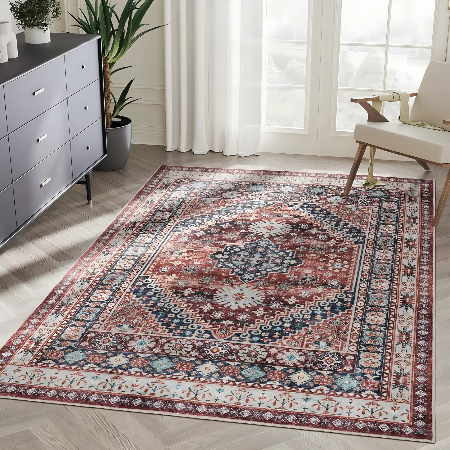 

VIKAMA Vintage Bohemian Rug, Durable And Easy-To-Clean Living Room Mat, Bedroom Decor Floor Pad For Home Decor