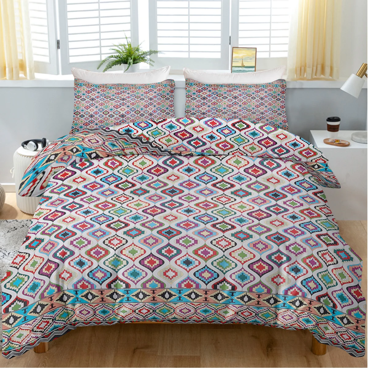 3pc Colourful Diamond Square Design Bedding Set Quilt Cover with Zipper Closure 1 Duvet Cover and 2 Pillowcases