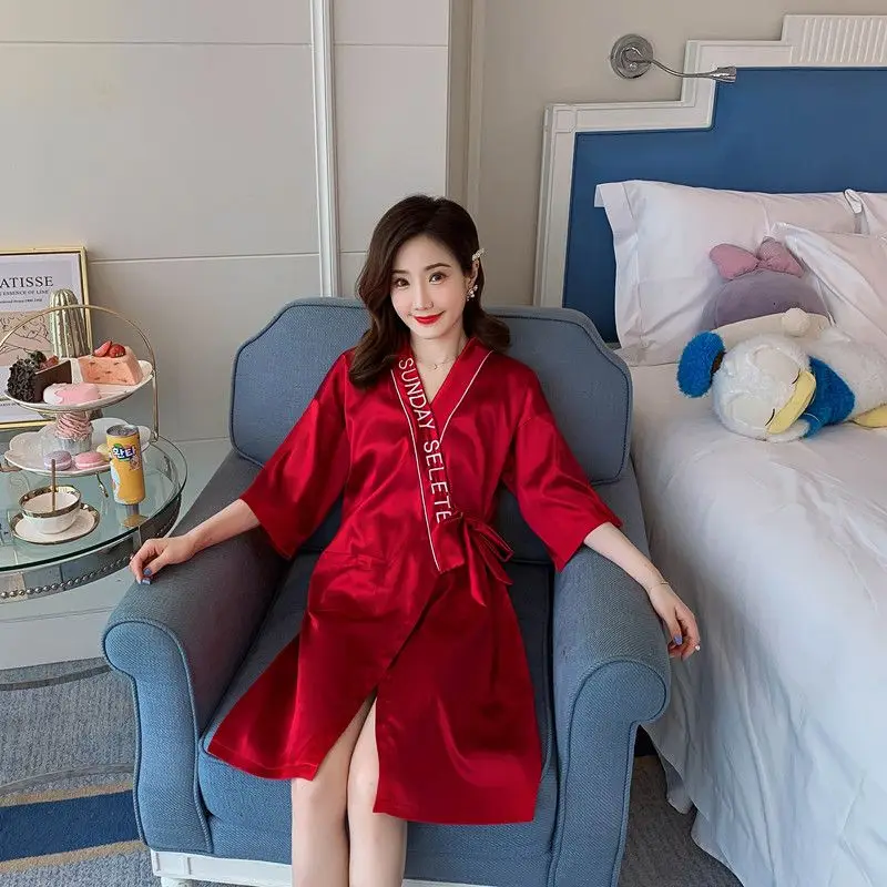 Ice silk nightgown women summer sexy pajamas lace spring and autumn long sleeve lace-up bathrobe women bathrobe single piece