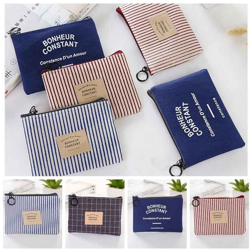 Fashion Square Stripe Print Coin Purse Zipper Small Canvas Letter Wallet Case Card Holder Mini Change Purse