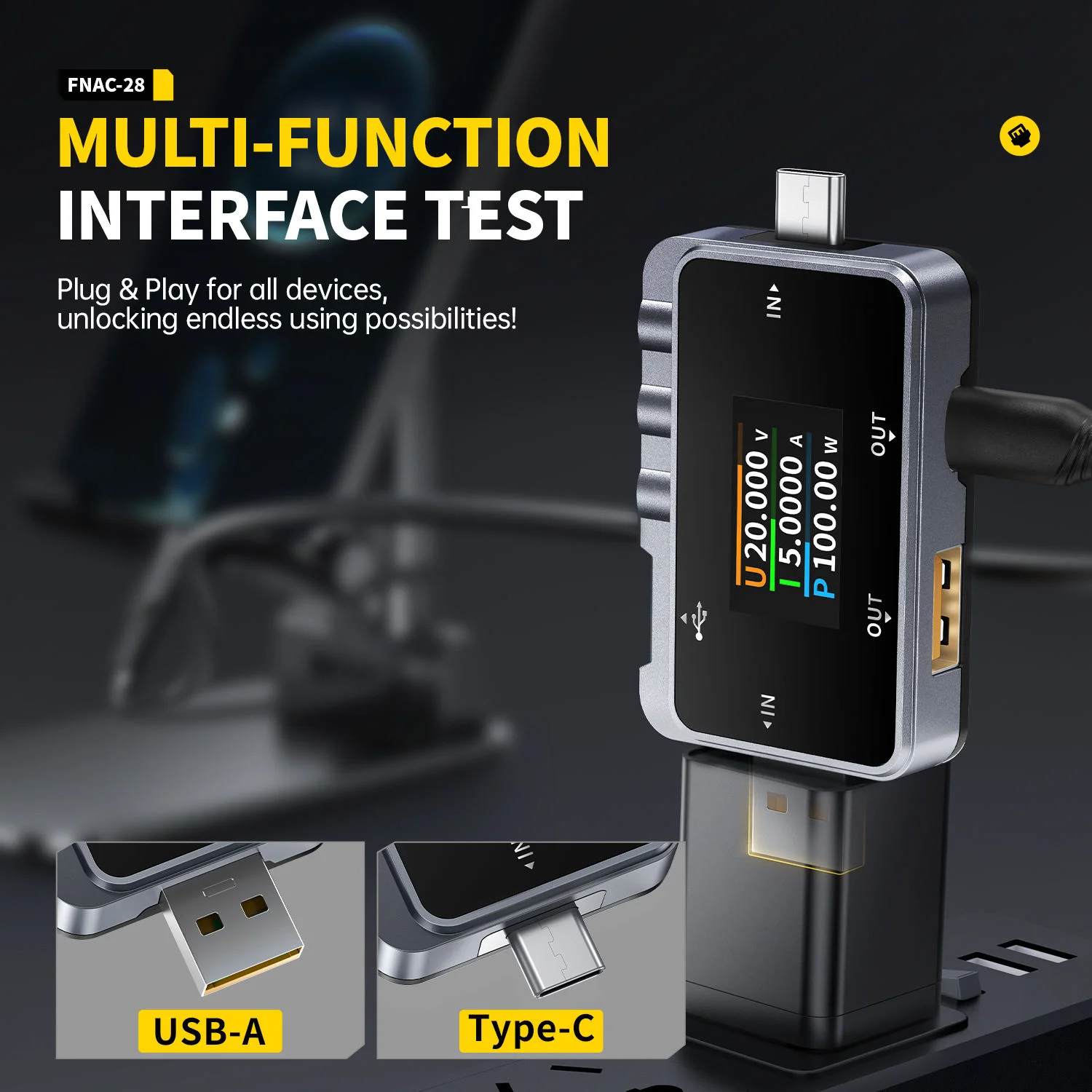FNIRSI FNAC-28 Type-C USB Tester Digital Voltmeter Ammeter Voltage Current Meter Mobile Phone Laptop PC Power Bank Charger Test