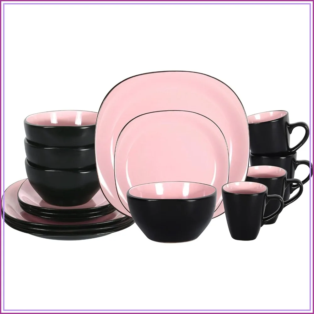 Stoneware Square 16pc Dinnerware Set, Inside Shiny Rose + Outside Matte Black