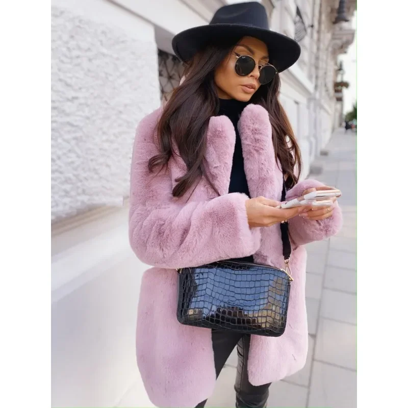 Europese Amerikaanse Temperament Commuter Lange Mouw Revers Imitatie Bontjas Effen Kleur Warm Plus Size Overjas Faux Bontjas