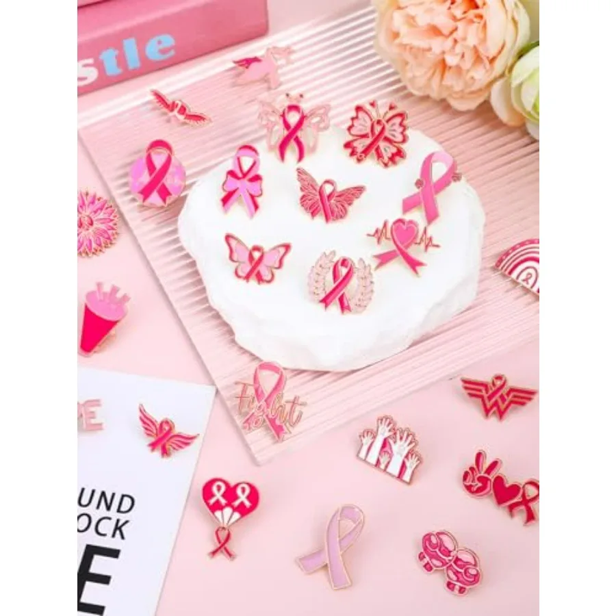28 قطعة دبابيس المينا للتوعية بسرطان الثدي مع الشريط الوردي وتصميم الفراشة للناجين والنصحين دبابيس التلبيب المثالية fo