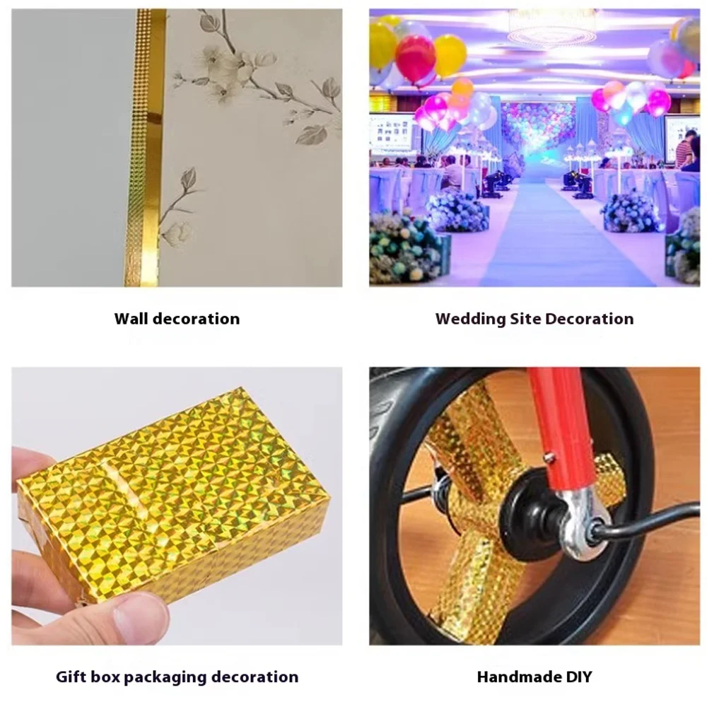 شريط ليزر ثلاثي الأبعاد، شريط زخرفي لامع ذاتي اللصق، تغليف هدايا الحفلات، ملصقات ذهبية وفضية ذاتية الختم