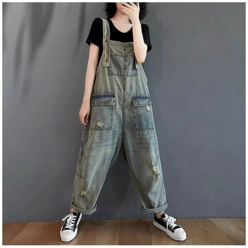 

Blue Denim Jumpsuits for Women Korean Style Harem Pants Vintage Playsuits Loose Trousers Oversized Overalls for Women Clothes