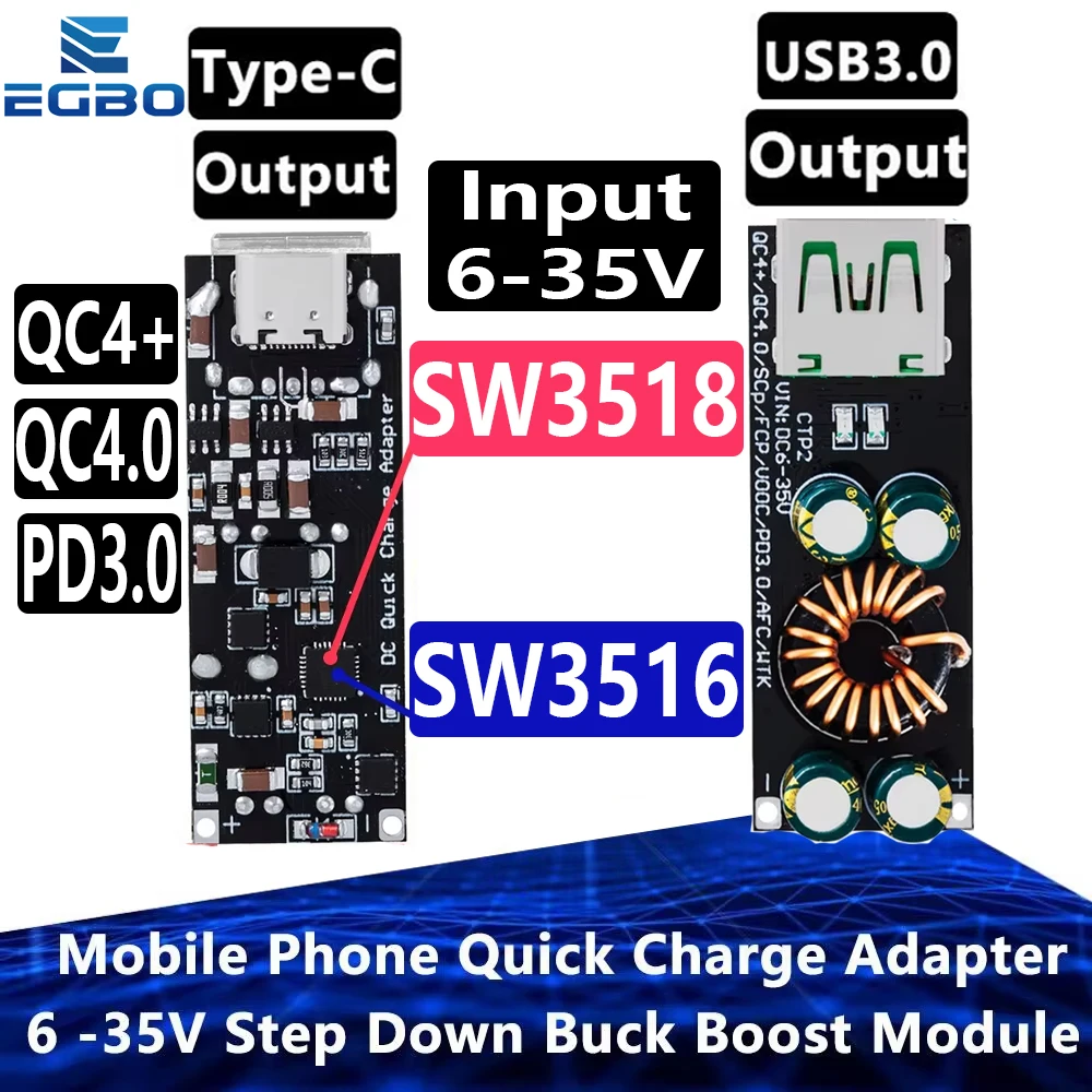 USB Type-C Mobile Phone Quick Charge Adapter, Step Down Buck Boost , SCP, FCP, PD, Qualcomm SW3516, SW3518, QC4.0, QC3.0, 6 -35V