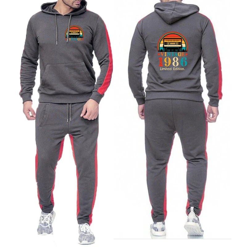 

Funny Birthday Gifts Vintage 1986 Solid Color Set For Man Spring And Autumn Leisure Pullover Loose Long Hoodies Pants Suits
