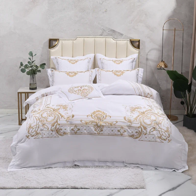 

2024 New Hotel White Luxury 100S Cotton Embroidery Bedsheet Bedding Set