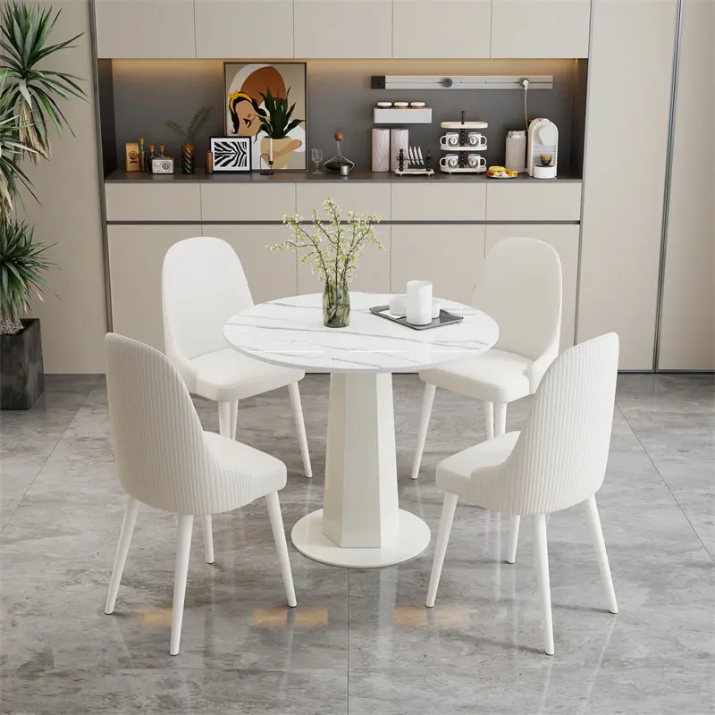 W*-Cream Style Pure White Matte Round Rock Plate Stone Dining Table Chair Combination Small Apartment