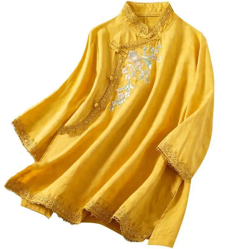 Summer New Solid Color Fashion Three Quarter Shirt Women High Street Casual Loose Button Embroidered Lace Patchwork Pullovers