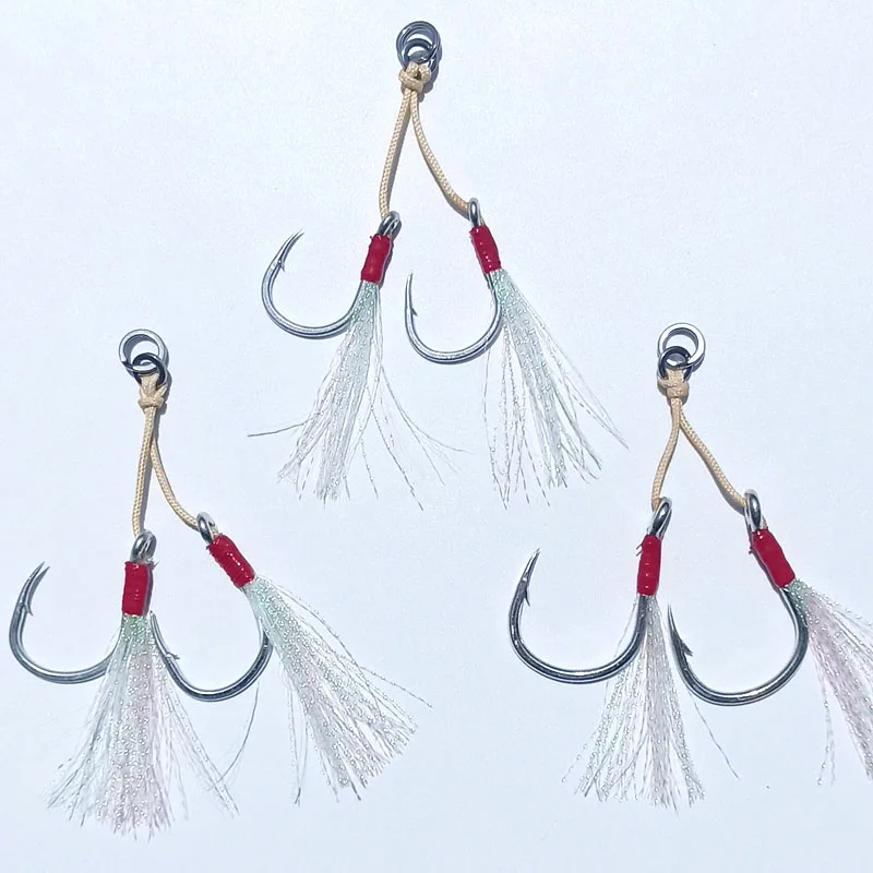 Double Hook with Feather Assist Hooks, Bkk Hooks, Slow Jig Hook, 5/0, 7/0, 9/0, PE Line, 10 Pairs