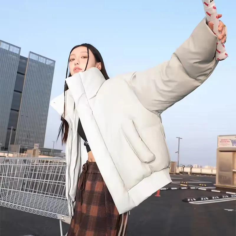 American Hip Hop Stand Collar Cotton  Padded Jacket Women Winter Zipper Stand-up Collar Parkas Chic Pocket Quilted Bread Coat