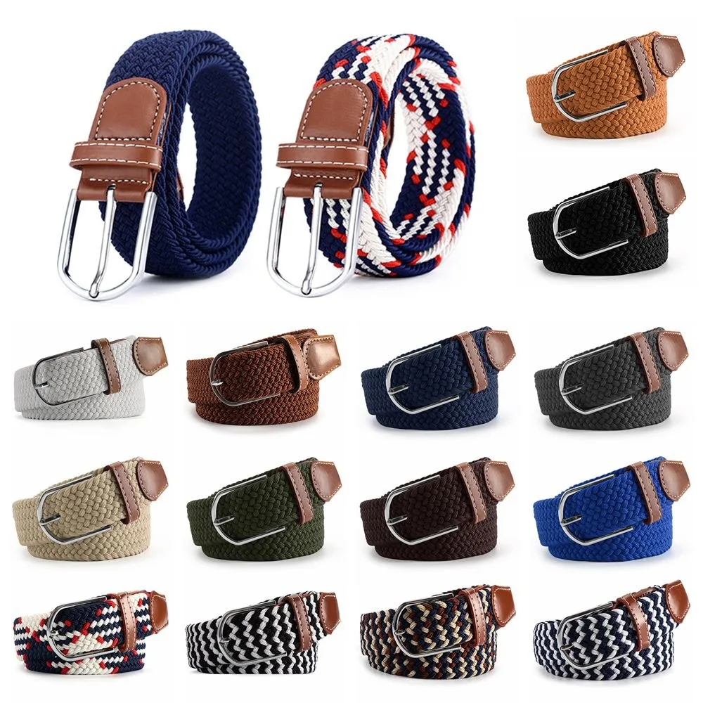 

Men Women Weaving Braided Stretch Belt Elasticated Fabric PU Leather Buckle Canvas Belts Outdoor Sports Waistband