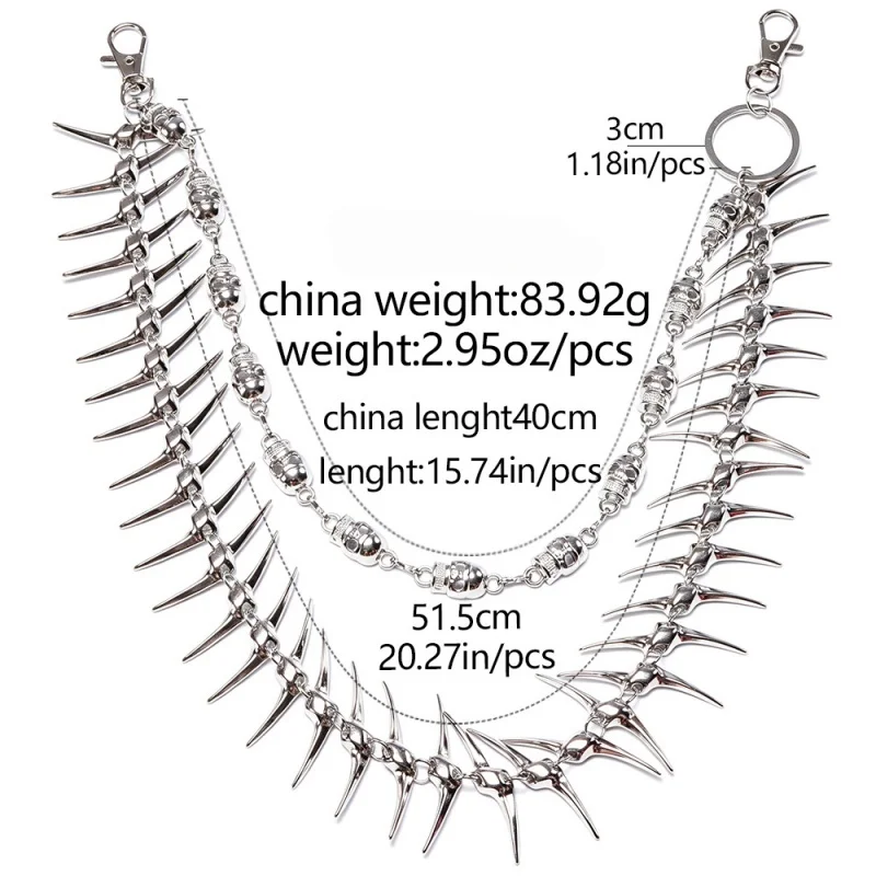 Exaggerate Heavy Skull Punk Metal Rivet Waist Chain Keychain Men HipHop Trouser Jeans Pants Waist Link Chains Jewelry Accessory