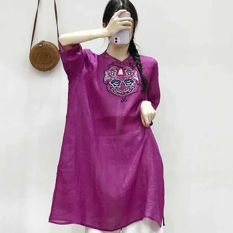 

2024 chinese style improved cheongsam dress women national solid color embroidery mid sleeve hanfu cheongsam qipao dress