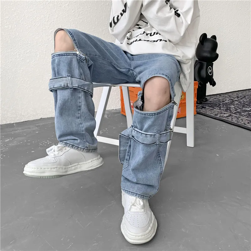 Men Detachable Straight Denim Pants High Streetwear Daddy Trousers Zipper Belt Y2K Chic Vibe Party Kpop Club Handsome Patalon