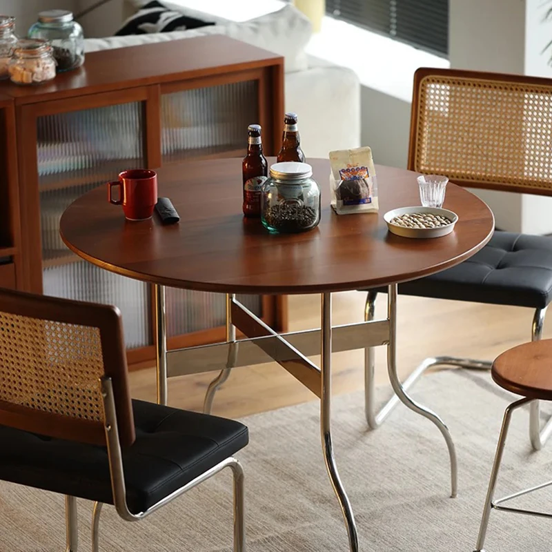 Medieval style solid wood dining table household small round retro foldable round dining  balcony table chairs