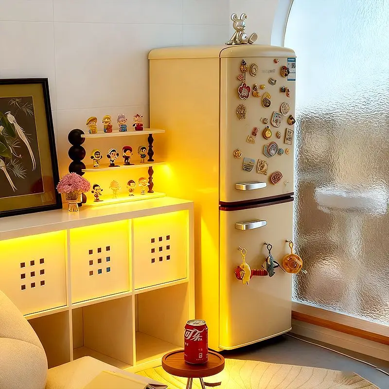 Cream style retro small refrigerator, family rental apartment two-door appearance mini