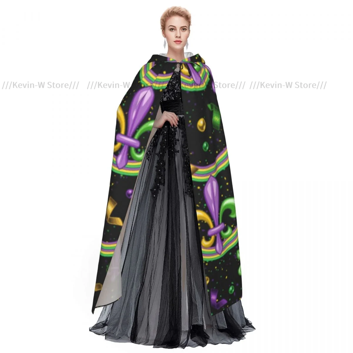 Unisex Witch Party Reversible Hooded Adult Vampires Cape Cloak Mardi Gras With Wavy Stripes Scattered Fleur De Lis Sign