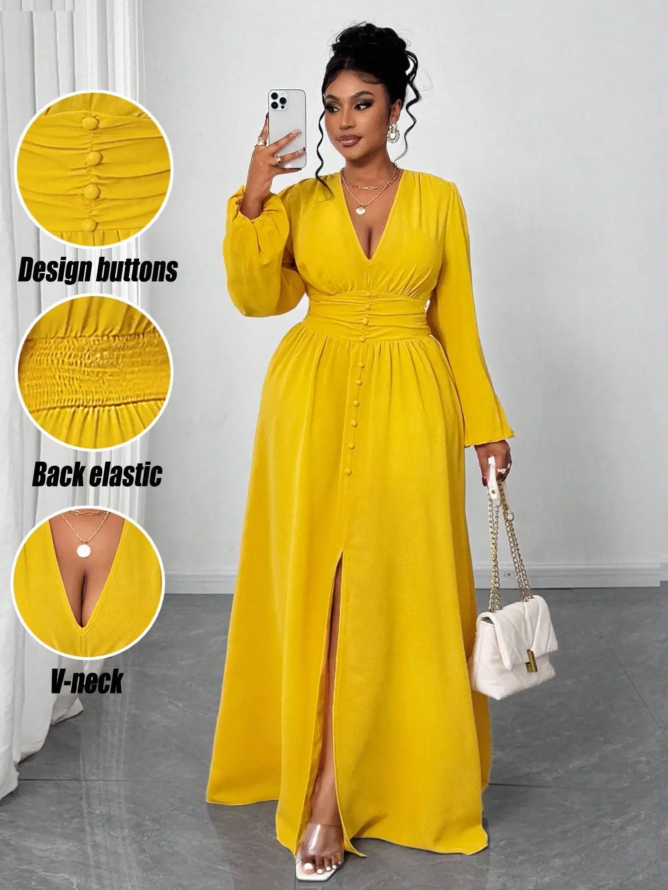 

Элегантное однотонное платье макси с пышными рукавами, V-образным вырезом и пуговицами спереди