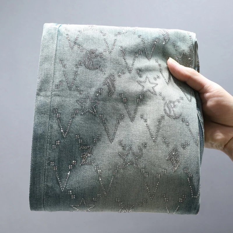 2025 Spring Summer Fashion High-end Rhinestone Print Design Light Luxury Jeans Men Slim Fit Stretch Versatile Skinny Pants