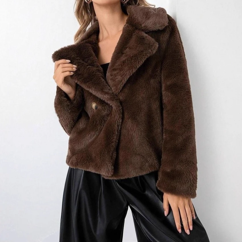 

Faux Fox Fur Coat Women Short Jacket Solid Turn Down Collar Long Sleeve Single Button Loose Thick Office Lady Casual 2025 Winter