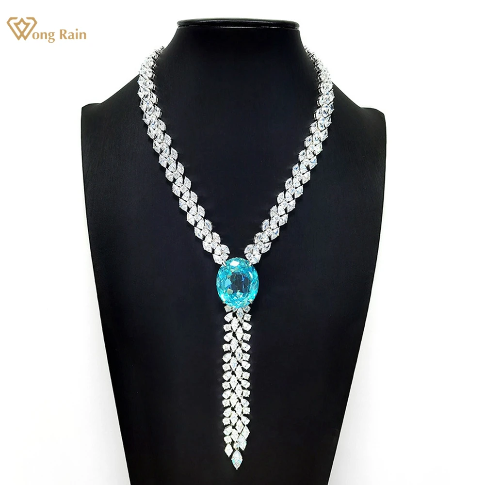 Wong Rain Luxury 100% 925 Sterling Silver Paraiba Tourmaline High Carbon Diamond Gemstone Pendant Necklace Fine Jewelry Gifts