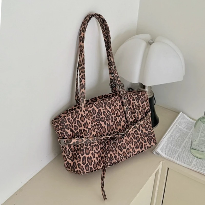 

Retro Leopard Print Underarm Bags for Women Casual Belt Design PU Leather Shoulder Bag Large Capacity Female Tote Handbags Purse