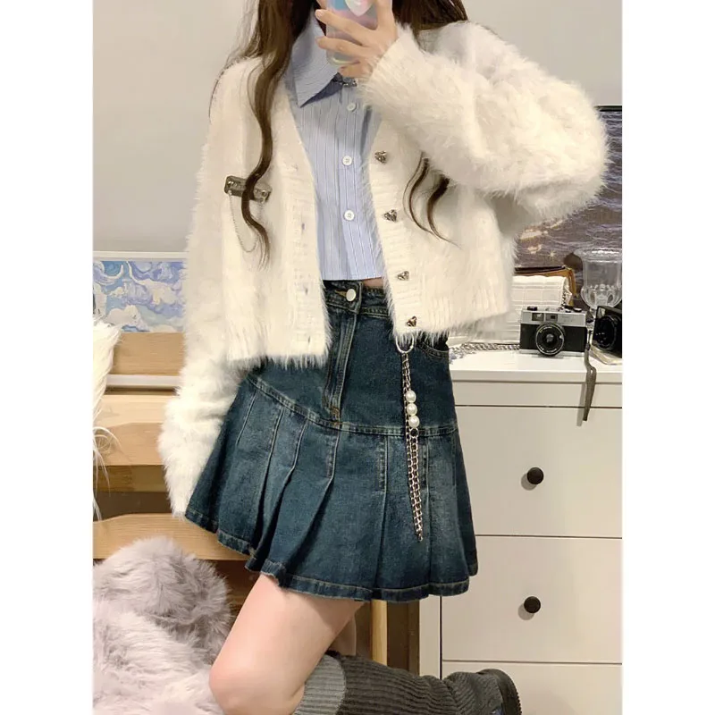 Autumn Winter Fluffy Knit Cardigan Heart Shaped Buttons Gentle Casual Style Sweater Lady New Korean Version Short Loose Soft Top